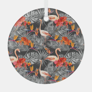 Ornement En Verre Flamant rose et fleurs, motif monochrome.