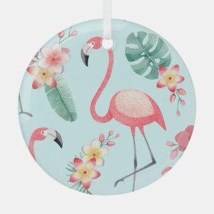 Ornement En Verre Flamants roses Fleurs tropicales Motif aquarelle