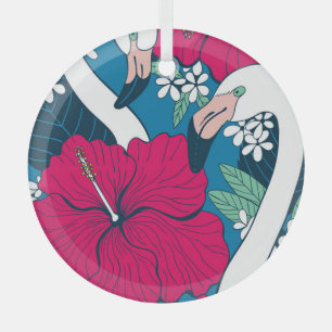 Ornement En Verre Flamants roses tropicaux : Hibiscus Plumeria Arriè