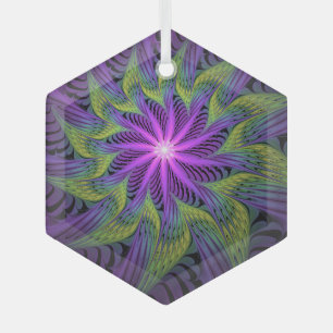 Ornement En Verre Fleur Abstraite Moderne de Fractale Violette Verte