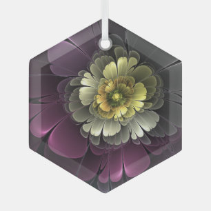 Ornement En Verre Fleur hexagonale fractale grise et kaki pourpur ab