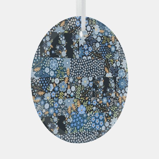 Ornement En Verre Fleurs Bleues Patchwork : Tissu sans couture. (Avant droite)