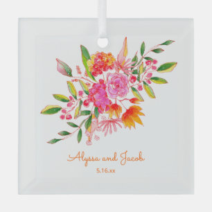 Ornement En Verre Fleurs de mariage personnalisées à l'aquarelle ros