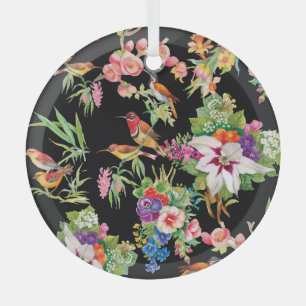 Ornement En Verre Fleurs d'oiseaux sauvages : Noir Vintage