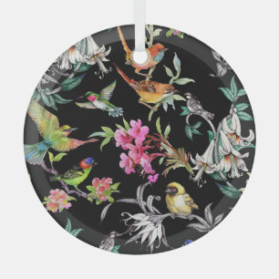 Ornement En Verre Fleurs d'oiseaux tropicaux : Motif d'aquarelle