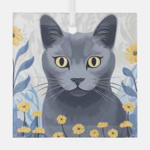 Ornement En Verre Fleurs Jaunes Chat Bleu Russe