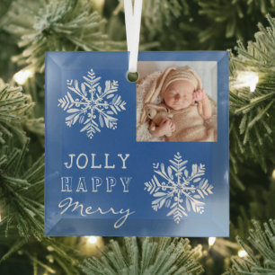 Ornement En Verre Flocon de neige photo Noël vacances bleu joyeux jo