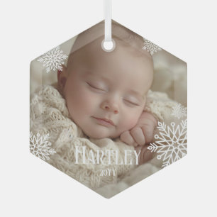 Ornement En Verre Flocons de neige élégants Photo de bébé Nom Année 