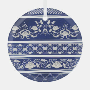 Ornement En Verre Floral chinois Bleu : Bordures d'aquarelle Vintage