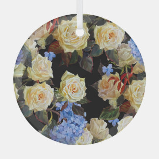 Ornement En Verre Floral motif moderne, roses blanches, hydrangée bl