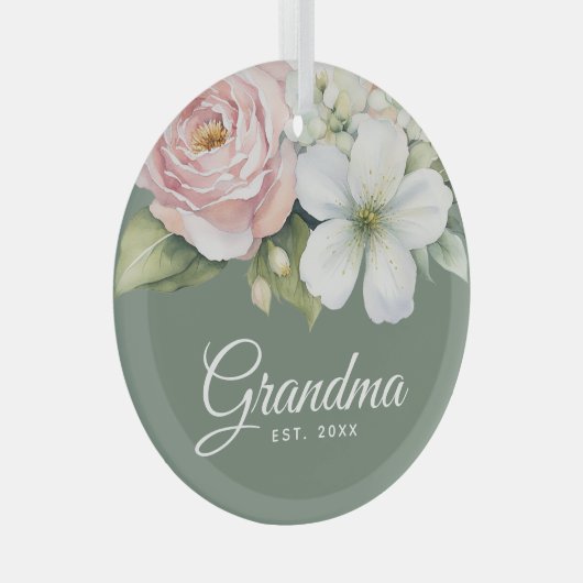 Ornement En Verre Floral Sage Green Établissement Date Nouveau Grand (Avant droite)