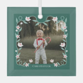 Ornement En Verre Foliage floral Élégant vert Photo Nom Keepsaké (Recto)