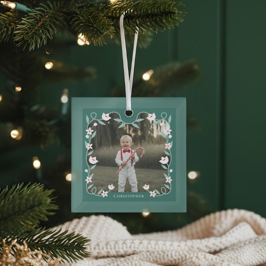 Ornement En Verre Foliage floral Élégant vert Photo Nom Keepsaké