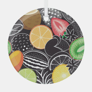 Ornement En Verre Fruits tropicaux colorés, fond noir.