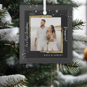 Ornement En Verre Gold encadré photo Notre premier Noël Marié