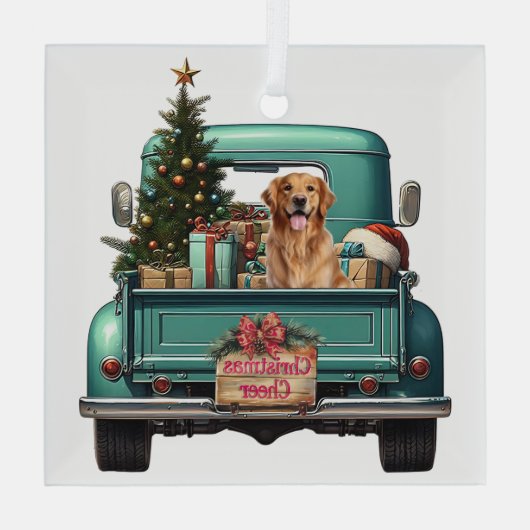 Ornement En Verre Golden Retriever Chien Retro Truck Noël (Verso)