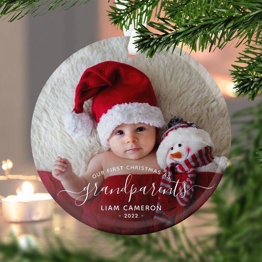 Ornement En Verre Grand-parents First Christmas Photo White Script