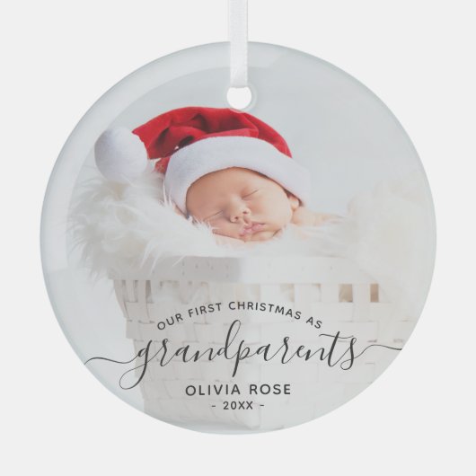 Ornement En Verre Grandparents First Christmas Photo Black Script (Recto)