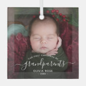 Ornement En Verre Grandparents First Christmas Photo White Script (Recto)