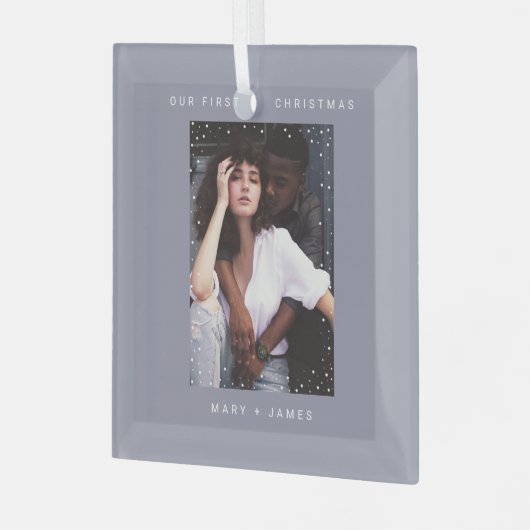 Ornement En Verre Gris minimal moderne | Joyeuse photo et mariée (Avant gauche)