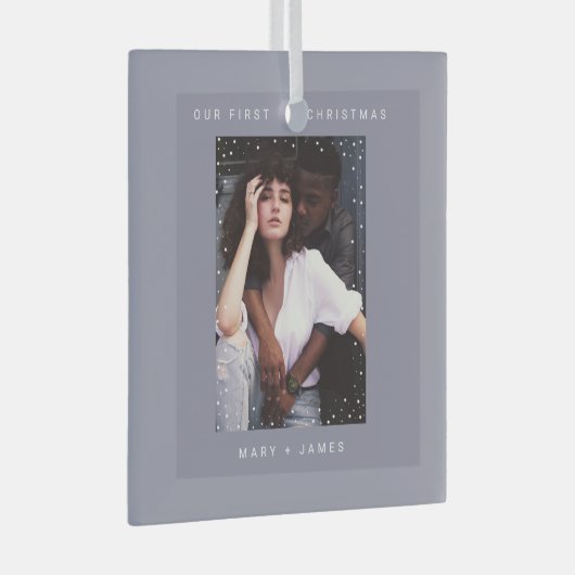 Ornement En Verre Gris minimal moderne | Joyeuse photo et mariée (Avant droite)