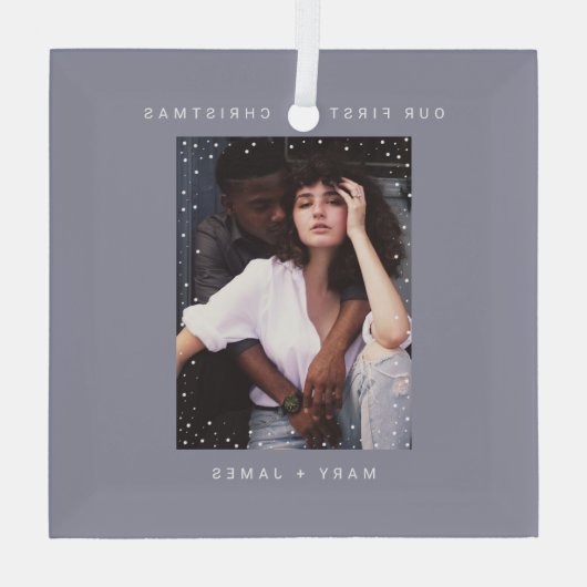 Ornement En Verre Gris minimal moderne | Joyeuse photo et mariée (Verso)