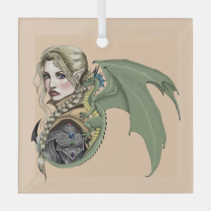 Ornement En Verre Guerrière Elfe Dragon Fantastique Magique Médiéval