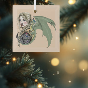 Ornement En Verre Guerrière Elfe Dragon Fantastique Magique Médiéval