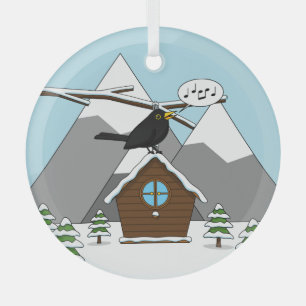 Ornement En Verre Happy Blackbird chanter dans le paysage hivernal