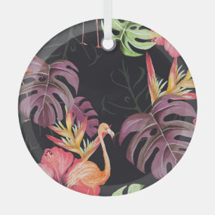 Ornement En Verre Hibiscus, Flamants roses, Aquarelle Motif tropical
