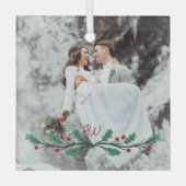 Ornement En Verre Holly Haf Wreath Monogram Winter Wedding Photo (Recto)