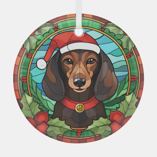 Ornement En Verre Holly Wreath Brown Dachshund Noël (Recto)