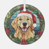 Ornement En Verre Holly Wreath Golden Retriever Chien Noël (Recto)