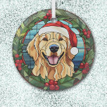 Ornement En Verre Holly Wreath Golden Retriever Chien Noël<br><div class="desc">Voici un joli ornement de verre avec un thème de vitrail, avec un heureux Golden Retriever. Le chien porte un casquette du Père Noël rouge et blanc, avec un arrière - plan du ciel bleu. L'image est encadrée d'une jolie couronne verte et rouge cerclée de fraises. C'est une image haute...</div>