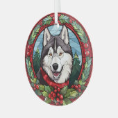 Ornement En Verre Holly Wreath Siberian Husky Chien Noël (Avant gauche)
