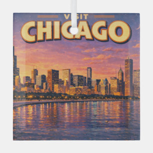 Ornement En Verre horizon de Chicago et lac Michigan au crépuscule