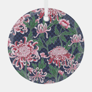 Ornement En Verre Japonais Chrysanthemum Peonies Motif Vintage