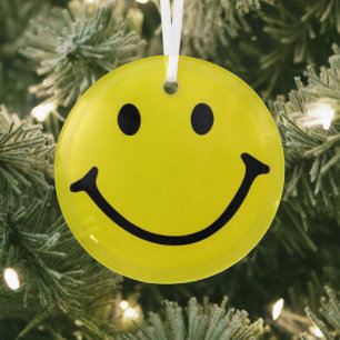 Ornement En Verre Jaune brillant et joyeux visage souriant