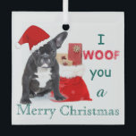 Ornement En Verre "Je vous souhaite un joyeux Noël" Chien de taule<br><div class="desc">Chien à baldaquin portant le chapeau de Père Noël à côté d'un sac plein de cadeaux sur un arrière - plan motif à pois vert.</div>