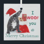 Ornement En Verre "Je vous souhaite un joyeux Noël" Chien de taule<br><div class="desc">Chien à baldaquin portant le chapeau de Père Noël à côté d'un sac plein de cadeaux sur un arrière - plan motif à pois vert.</div>