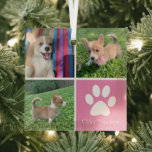 Ornement En Verre Joli chien rose Collage personnalisé animal de com<br><div class="desc">Ce magnifique ornement de Noël avec un chiot est personnalisé avec d'adorables photos de votre chien de fille douce. Customisez ce cadeau chic avec vos propres photos de petits personnalisées autour d'un joli carré rose avec un empreinte de patte blanc mignon et le nom de votre chien au centre.</div>