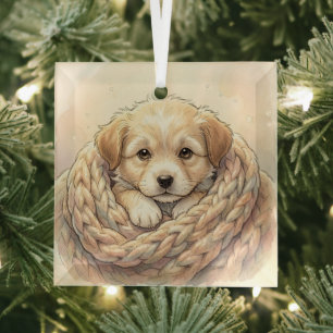 Ornement En Verre Joli chiot enveloppé dans une couverture tricotée