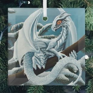 Ornement En Verre Joli dragon blanc d'hiver Sapin enneigé Fantastiqu