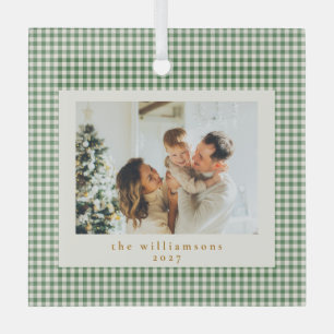 Ornement En Verre Joli Gingham Vert à Carreaux Photo Personnalisée N