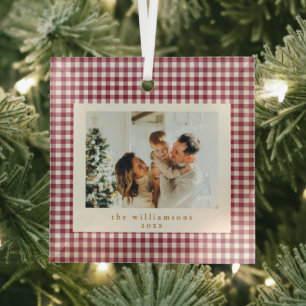 Ornement En Verre Joli rouge canneberge gingham photo personnalisée