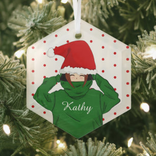 Ornement En Verre Jolie Fille avec un Bonnet de Père Noël à Capuche