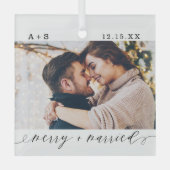 Ornement En Verre Joyeux et marié Élégant Script Mariage Photos (Recto)