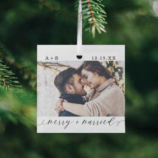 Ornement En Verre Joyeux et marié Élégant Script Mariage Photos