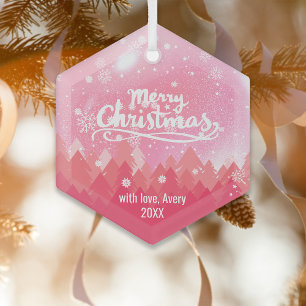 Ornement En Verre Joyeux Noël de la Forêt de Neige Rose Personnalisé