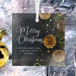 Ornement En Verre Joyeux Noël Elegant Custom Company Cadeau<br><div class="desc">Cet élégant ornement de Noël d'entreprise présente une belle typographie blanche cursive sur une belle photo de vacances. La photo présente des perles d'or garland et cônes de pin à côté des aiguilles de sapin sur un arrière - plan noir chic. Ce cadeau de Noël d'entreprise haut de gamme présente...</div>